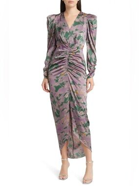 Floret Studios Cutout Ruched Long Sleeve Satin Dress Plum Green Floral M